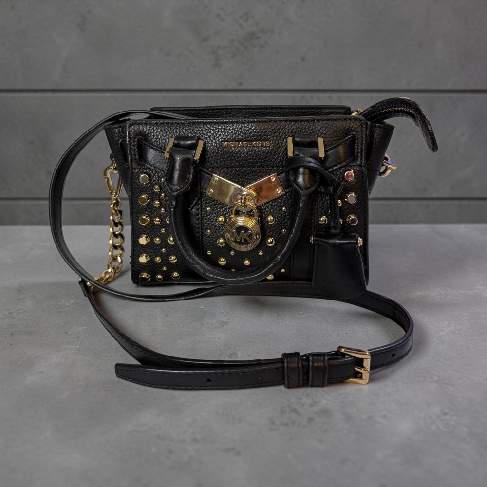Michael Kors Hamilton Mini Messenger Black Pebbled Leather Studded Crossbody Bag